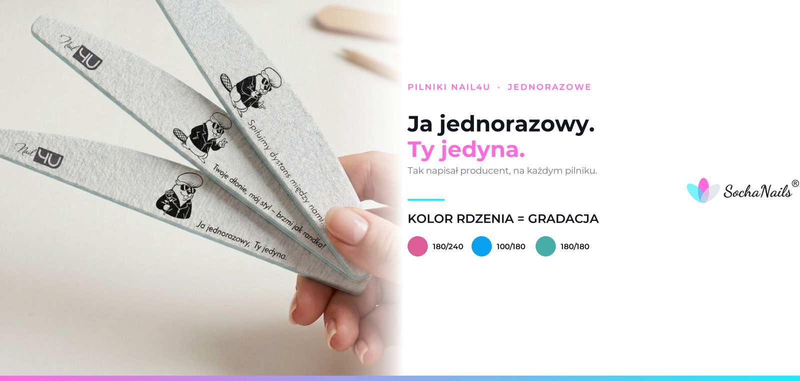 Baner blogowy: trzy pilniki z nadrukiem trzymane w dłoni, obok legenda kolorów gradacji